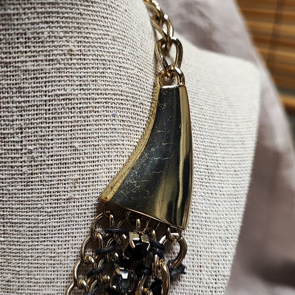 Smoke Acrylic Plastic Faceted Teardrop Black Prong Set Gold Rhinestone Necklace - Picture 8 of 13